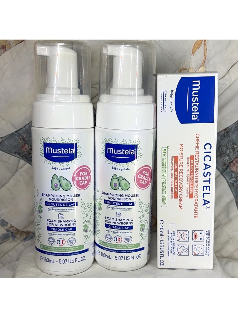 Mustela Cicastela Cream 1.35 oz + 2x Newborn Cradle Cap Foam Shampoo 5.07 fl. Oz